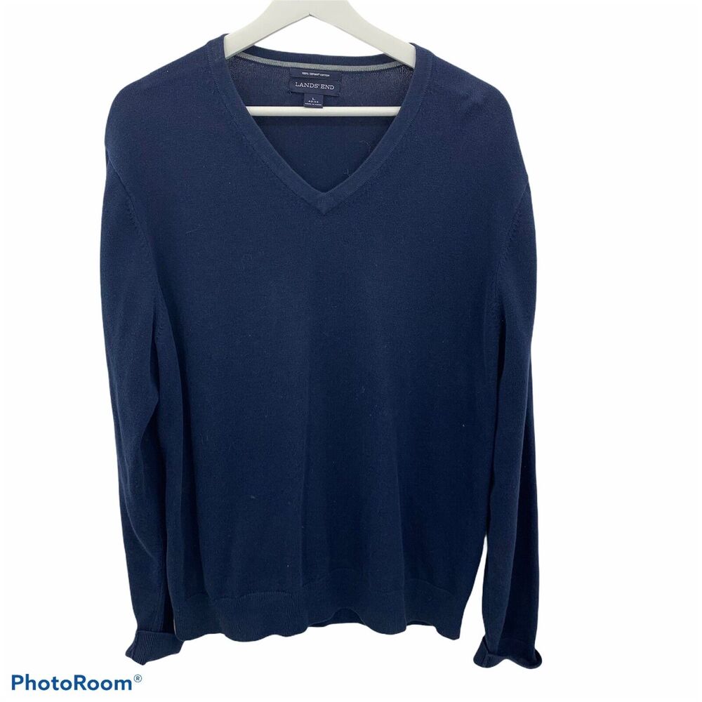 Lands End Large Sweater Supima Cotton V-Neck Pull Over Long Sleeve Shirt